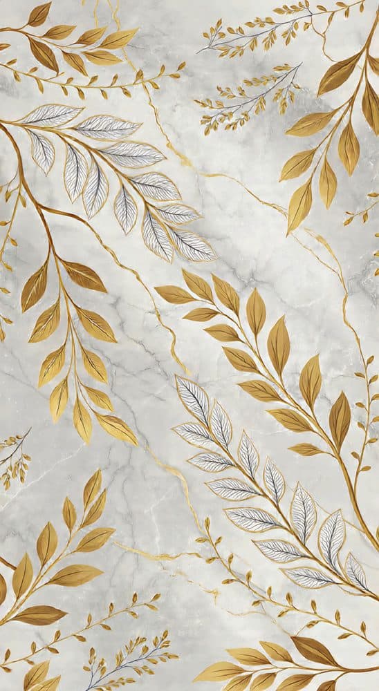 Dekoratif duvar paneli HD26213 — yaprak, beyaz ve altın