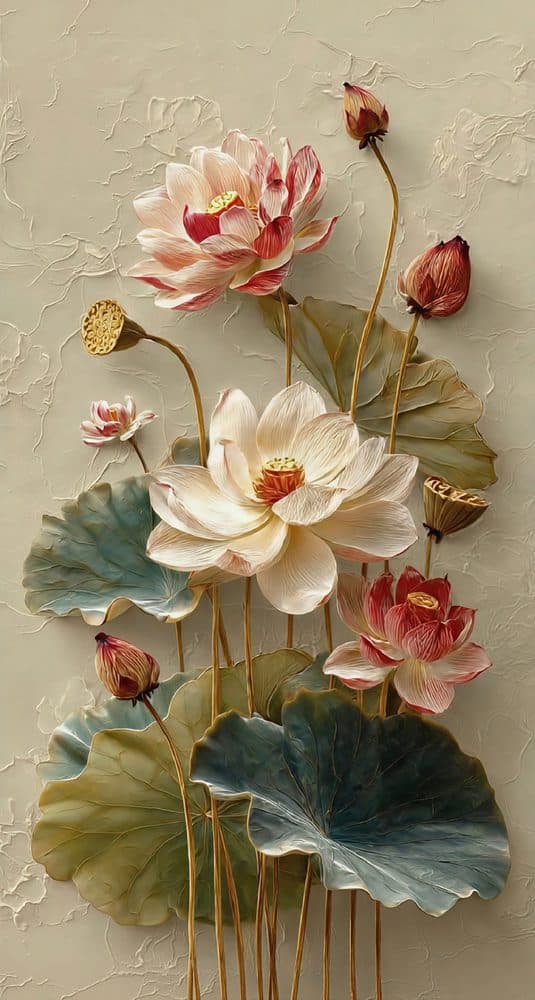 Dekoratif duvar paneli HD26214 — lotus, krem ve pembe