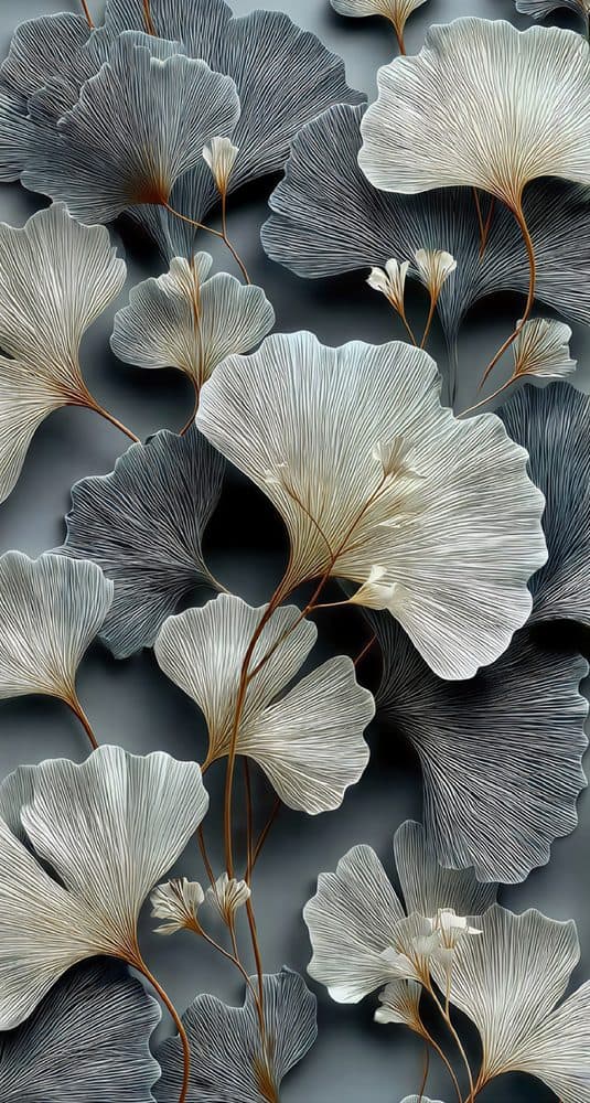 Dekoratif duvar paneli HD26227 — yaprak, gri ve beyaz, ginkgo