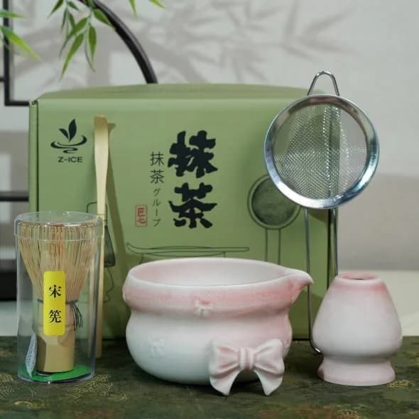 Set de regalo de matcha — cuenco rosa con lazo