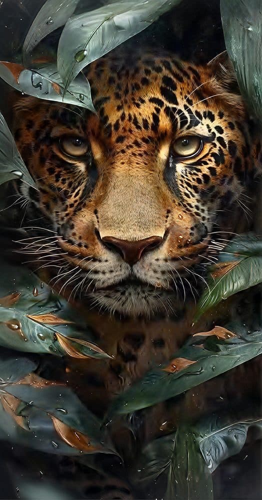 Dekoratif duvar paneli HD26269 — leopar, yeşil ve kehribar