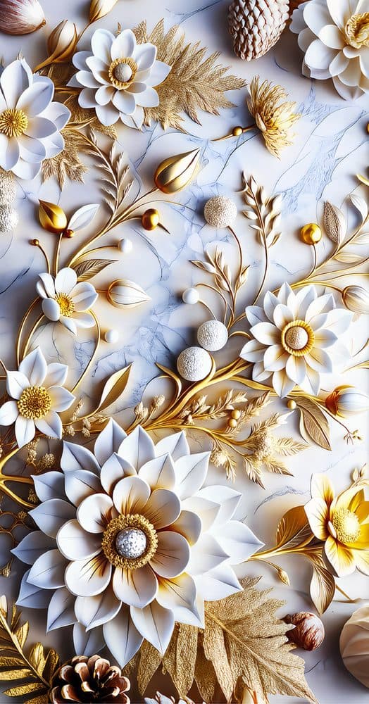 Dekoratif duvar paneli HD26298 — çiçek kabartma, beyaz ve altın