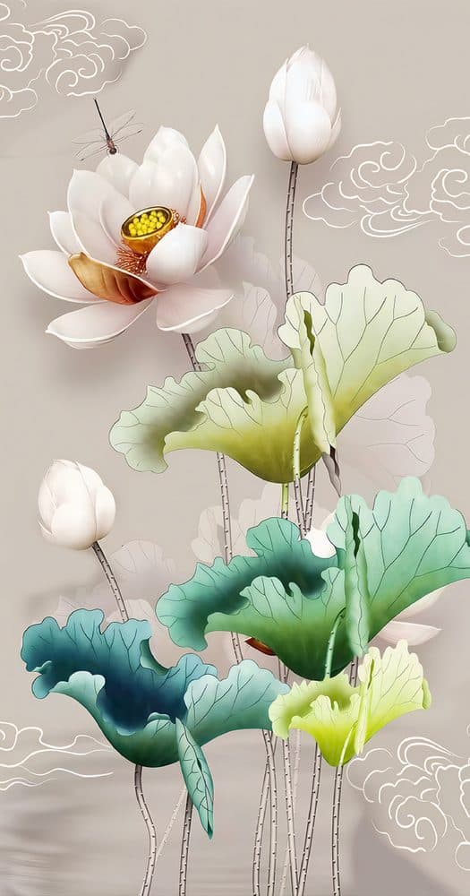 Dekoratif duvar paneli HD26301 — lotus, yeşil ve pembe