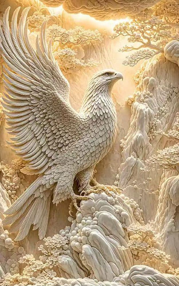 Dekoratif duvar paneli HD26324 — kartal, krem ve altın, kabartma