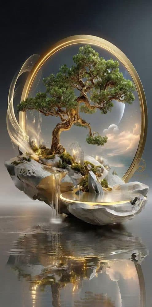 Dekoratif duvar paneli HD26326 — ağaç, altın ve yeşil, bonsai