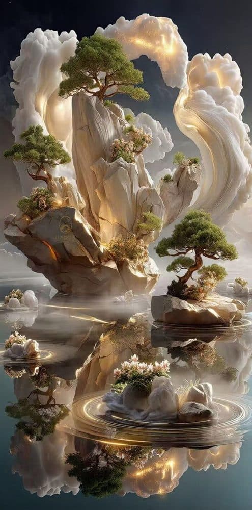 Dekoratif duvar paneli HD26329 — manzara, krem ve altın, bonsai