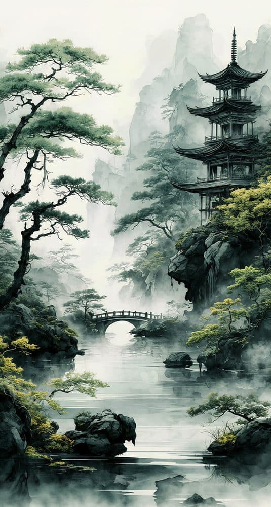 Dekoratif duvar paneli HD26128 — manzara, yeşil ve gri, pagoda