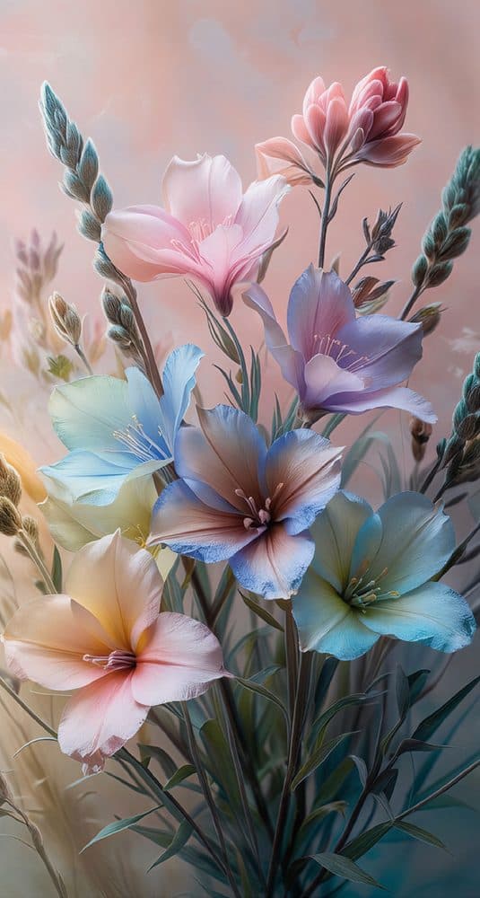 Dekoratif duvar paneli HD26135 — çiçek, pastel ve mavi