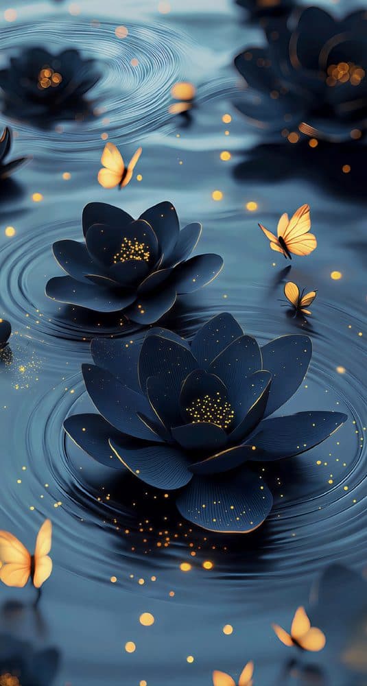 Dekoratif duvar paneli HD26185 — lotus, lacivert ve altın, kelebek