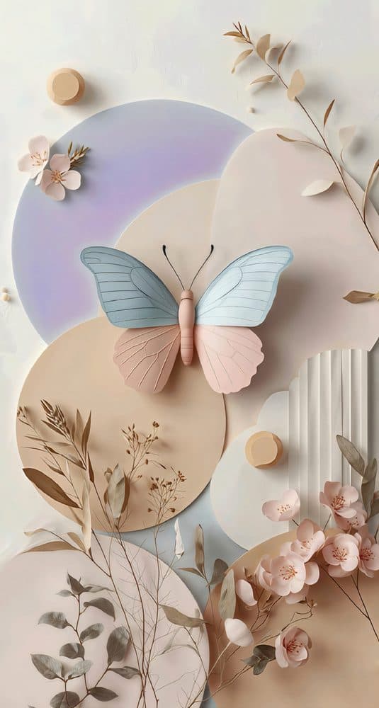 Dekoratif duvar paneli HD26192 — botanik, pastel, kelebek