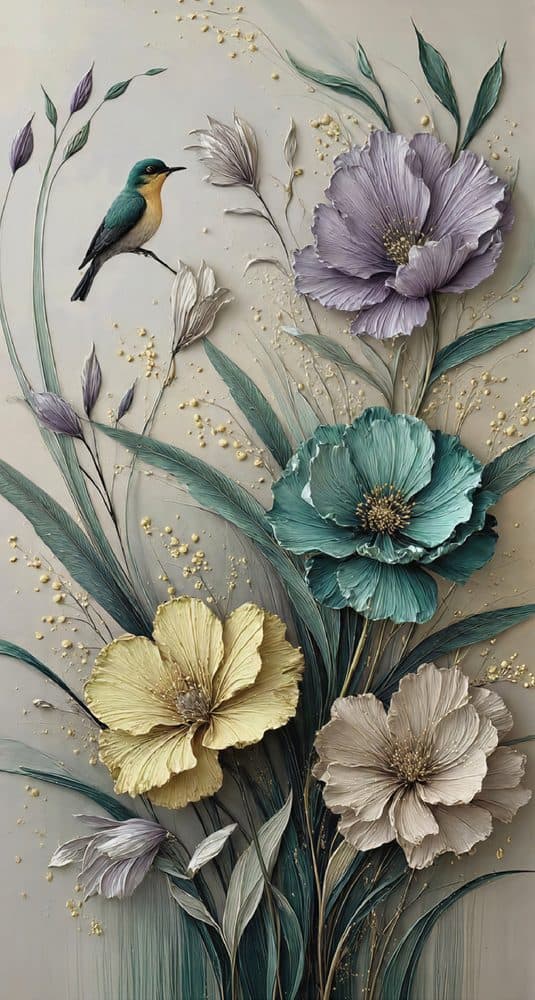 Dekoratif duvar paneli HD26199 — çiçek, pastel, kuş